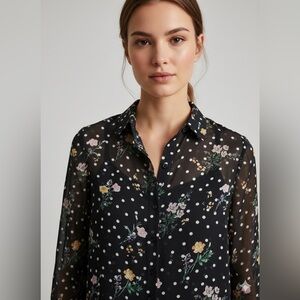 NWT ASOS DESIGN Sheer Polka Dot Floral Design Button Down Top Size 6